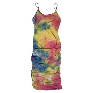 NWOT Fashion Nova Tie Dye Ruched Bodycon Dress M Multi Color Psychedelic Summer